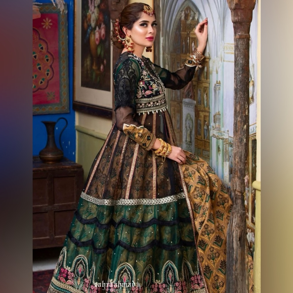 Original Zahra Ahmed Green Maxi Gown with Lehnga  Pakistani Indian New